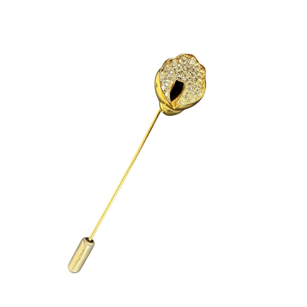 Trifari Vintage Gold Tone Rhinestone Pavé Floral Stick Pin Lapel Hat Accessory